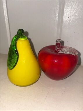 Hand-Blown Glass Yellow Pear and Red Apple Decorative Duo